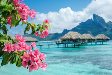 Bora Bora in French Polynesia fuses volcanic mountains with overwater bungalows - obrazy, fototapety, plakaty