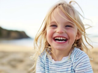 A portrait of a happy little girl laughing with white teeth in a closeup shot. She has blonde hair and is wearing a light blue striped shirt. The background features a soft focus on the beach or park