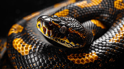 A stunning close-up of a ball python snake showcasing its intricate scales pattern and captivating eyes - obrazy, fototapety, plakaty