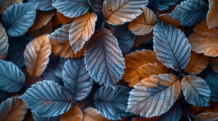 Closeup of frostkissed leaves during early autumn, showcasing the delicate transition from life to dormancy with intricate ice patterns