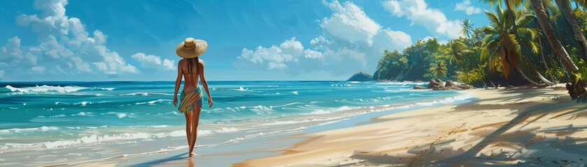 Fototapeta na wymiar hyper realistic of a beach vacation scene with a woman strolling on a Caribbean beach, wearing a sun hat and sarong, against a wide, scenic ocean backdrop, perfect for a holiday banner.
