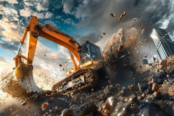 A series of vibrant and dynamic images portraying construction equipment in action, perfect for advertisements and banners - obrazy, fototapety, plakaty