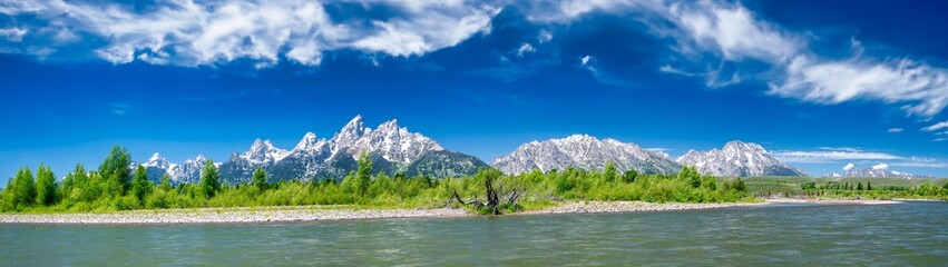 Grand Teton National Park in summer season. Panoramic view of forest, mountains and river
