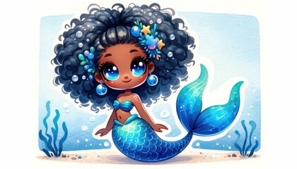 Naklejka premium Cartoon mermaid with a blue tail.