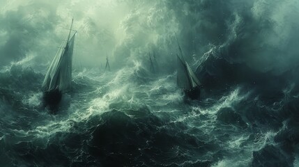 A painting of a stormy sea with several boats in the water. The mood of the painting is intense and dramatic, with the waves crashing against the boats and the sky dark and foreboding - obrazy, fototapety, plakaty