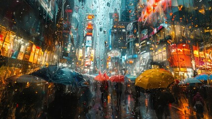 Obraz premium A rainy city street with people walking under umbrellas. Scene is gloomy and wet