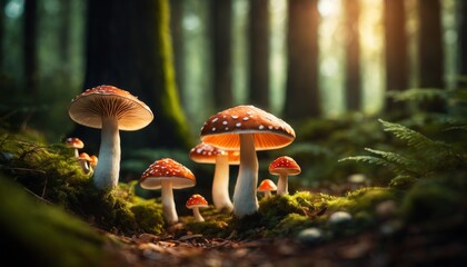 Sunlight filters through a dense forest, highlighting a group of vibrant red mushrooms on a mossy woodland floor, creating a magical atmosphere.