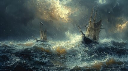 A painting of two boats in the ocean with one of them being a ship. The other boat is smaller and is being pushed by the waves. The sky is dark and cloudy, and the water is rough - obrazy, fototapety, plakaty