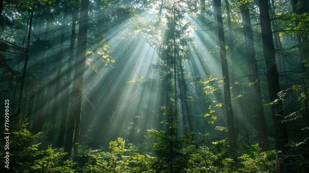 Poster the sun is shining through the trees, creating a beautiful and peaceful atmosphere. the light is cas