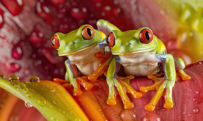 Closeup of two red-eyed tree frogs sitting on the edge of a heliconia flower