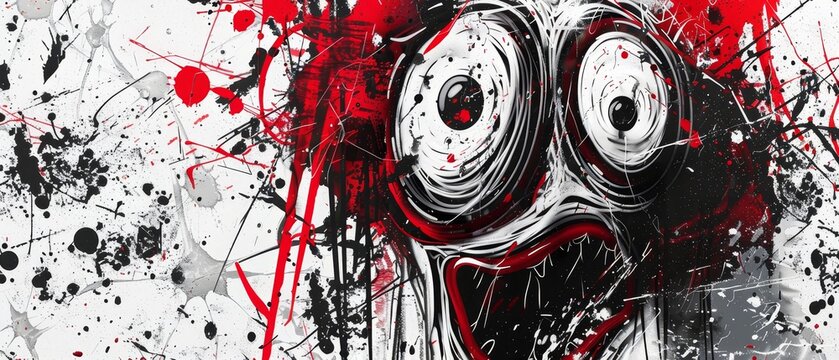 Graffiti crazy sick emoticon with dead eyes sprayed in red over white. Hand drawn texture.