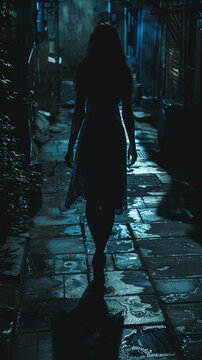 hyper realistic of a woman walking by herself on a dark, empty street, with shadows casting eerie patterns, capturing her apprehensive demeanor in a fearful night setting.