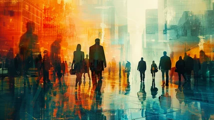 Foto op Aluminium hyper realistic of a busy business center corridor, with businesspeople in motion, their figures blurred to highlight the dynamic nature of the business environment. © HADAPI
