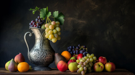 An arrangement of mixed fresh fruits placed around an elegant pitcher against a dark, textured backdrop - obrazy, fototapety, plakaty
