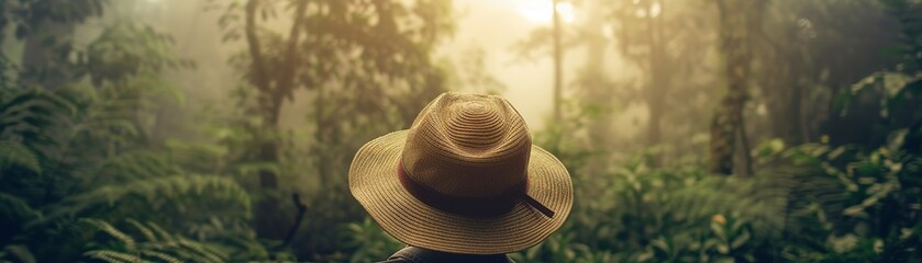 Adventurers safari hat, whimsical forest background, misty morning light, dreamlike - obrazy, fototapety, plakaty