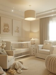 3D stereoscopic rendering of a peaceful nursery setting, with soothing colors and soft lighting, designed to promote a sense of calm and security for both parent and baby
