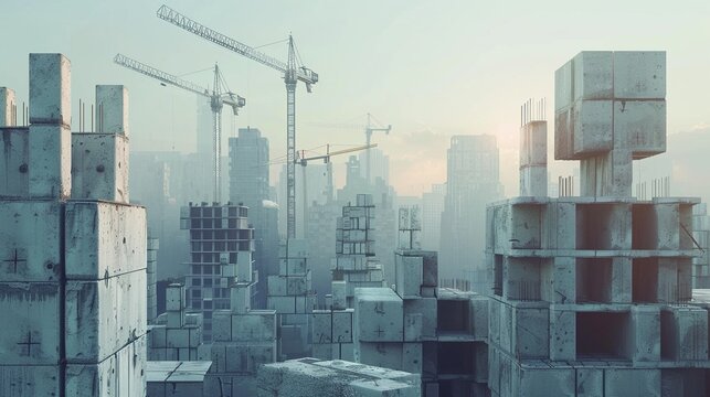Construction sites with stacks of concrete blocks and cranes towering over city skylines