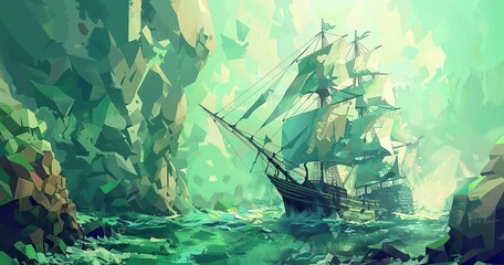 Paintings that would fit in a low poly 3d world, green ocean theme 