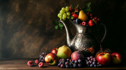 A lavish display of assorted glowing fruits with an intricate silver antique pitcher set against brooding backdrop