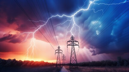 Electrical Tower with Lightning Strike - obrazy, fototapety, plakaty