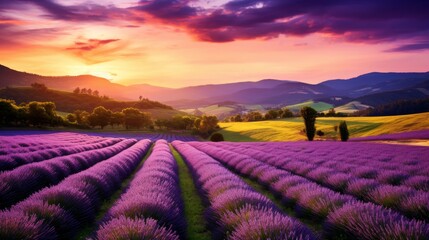Purple lavender field in a hilly environment at sunset
