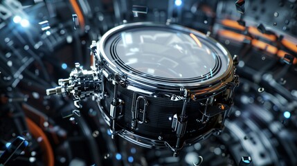 Incorporate a snare drum into a futuristic music instrument conception against a dynamic and futuristic background - obrazy, fototapety, plakaty