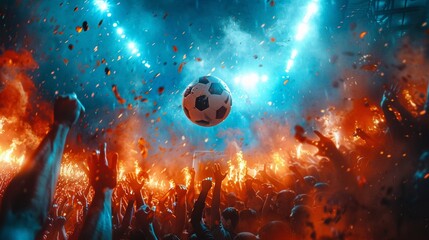 Dramatic moment as a soccer ball strikes the net, victory under floodlights, ecstatic crowd  energy and triumph encapsulated - obrazy, fototapety, plakaty