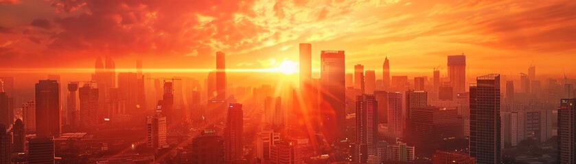 Sun energy conversion towers, fiery sky, panoramic city shot, modern architectural style