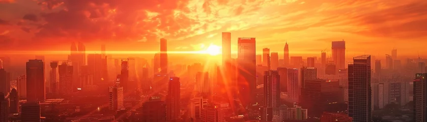 Photo sur Aluminium brossé Rouge 2 Sun energy conversion towers, fiery sky, panoramic city shot, modern architectural style