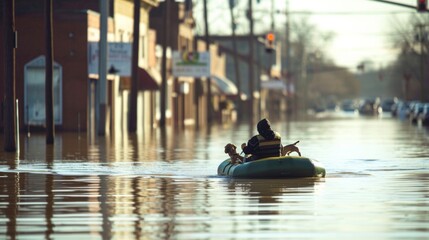 Naklejka premium Man moving dogs with boat form flood city