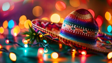 Sombrero hat under festive lights, vibrant fiesta background, essence of Mexico - obrazy, fototapety, plakaty