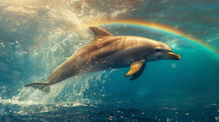 Foto op Plexiglas Dynamic angle of a dolphin dive, with a splash turning into a full arc rainbow over crystalclear ocean waters © Samita