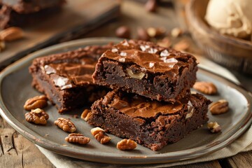 Delicious homemade brownies with a fudgy texture and crunchy walnuts, displayed on a plate for a tempting dessert option. - obrazy, fototapety, plakaty