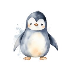 Baby penguin. Cute penguin clipart. Arctic animal. Watercolor illustration. Generative AI. Detailed illustration.