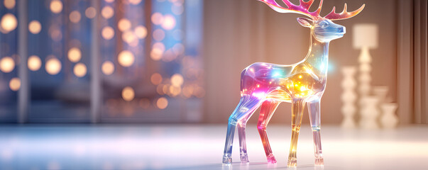 3D realistic translucent Christmas crystal deer and decorations on abstract background with bokeh