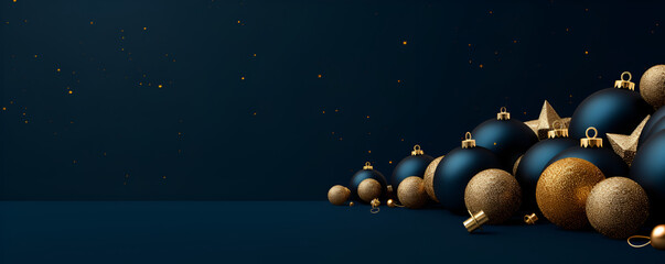 Christmas and New Year background with gold and blue decorations, balls Top view, dark background with shiny texture