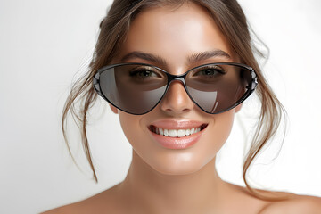 Closeup portrait of a beautiful woman wearing sunglasses happy and smiling