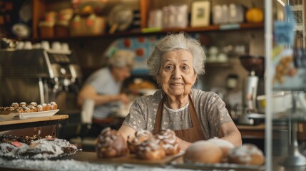 Senior Woman Working at Her Bakery Coffee Shop - obrazy, fototapety, plakaty