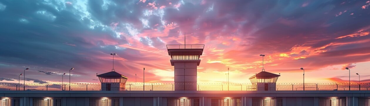 Highsecurity prison complex with cells, guard towers, and security systems , 3D illustration
