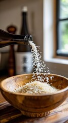 Close up of Uncooked Rice Being Poured Into Wooden Bowl From Bottle on Kitchen Countertop