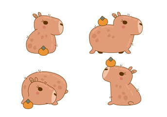 Set of cute and funny capybara characters. Cute capybara animal character rodent. Vector illustration. Cute animals cartoon
