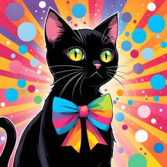 Una imagen muy colorida, en tonos arcoíris de un hermoso gato negro muy atento - obrazy, fototapety, plakaty