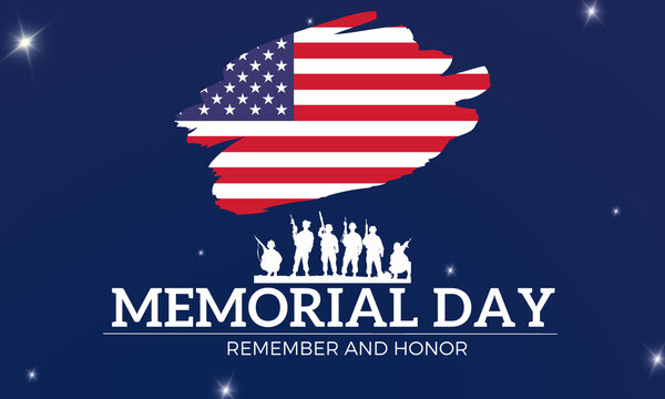 Silhouette of group of soldiers standing on the title saying Memorial Day with sub heading Remember and honor with USA Flag in centre having navy blue background with small sparkle stars.