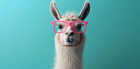 Fototapeta premium Cute lama with pink glasses on blue background with copy space for text