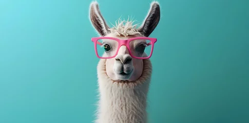 Wandcirkels Lama Cute lama with pink glasses on blue background with copy space for text  © Oksana