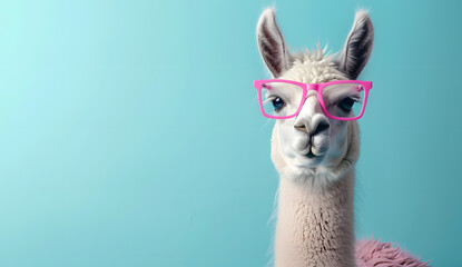 Obraz premium Cute lama with pink glasses on blue background with copy space for text
