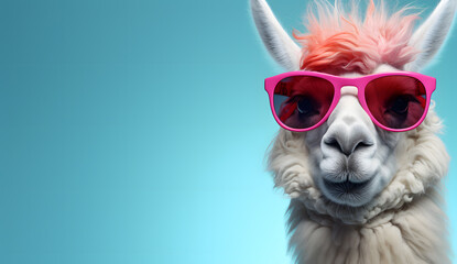 Obraz premium Cute lama with pink glasses on blue background with copy space for text