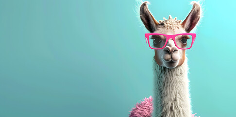 Fototapeta premium Cute lama with pink glasses on blue background with copy space for text