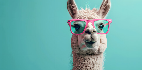 Naklejka premium Cute lama with pink glasses on blue background with copy space for text