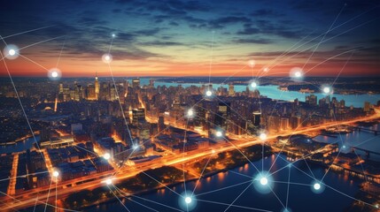 Fototapeta na wymiar Smart New York City wireless network connection and cityscape